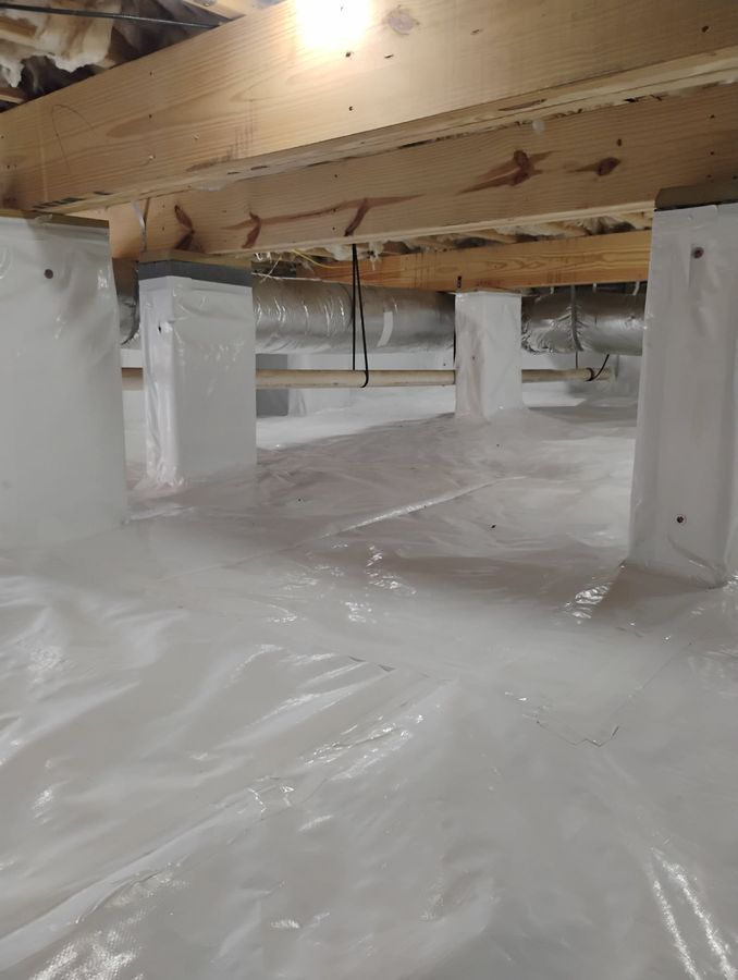 JHS crawl space waterproofing job photo showing a vertical crawl space project view